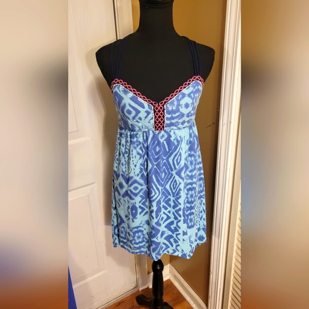 Bluetique Blue and Pink Aztec Patterned Hi-Low Dress, Cover-up, Medium